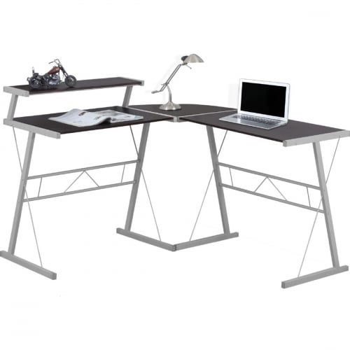 3 Piece L Shape Computer Desk in Cappuccino Top & Silver Metal